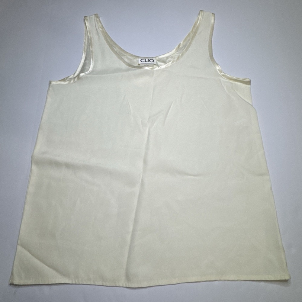 Clio Womens Cream Ivory Satin Trim Scoop Neck Tank Top Size Medium Made in USA